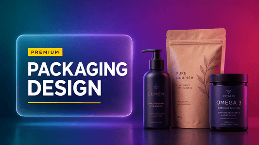 Packaging design AI prompts blog hero with glassmorphism card, yellow accent and premium product packaging on a teal to magenta gradient