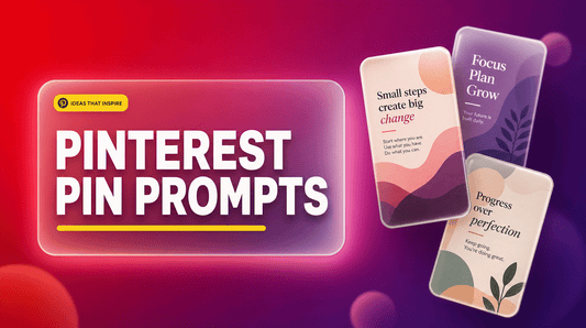 Pinterest pin prompts blog hero with glassmorphism card, yellow accent and bold title on a crimson to plum gradient
