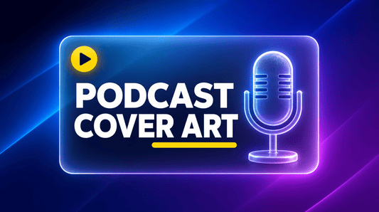 Podcast cover art prompts hero with bold title text and a yellow accent on a deep gradient