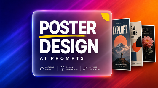 AI poster design prompts blog hero with glassmorphism card, yellow accent and bold POSTER DESIGN title on an indigo to magenta gradient