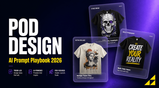 Print-on-demand AI image prompts blog hero showing t-shirt design concepts on gradient background
