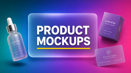 Product mockup AI prompts blog hero with glassmorphism card and yellow accent on a teal to magenta gradient