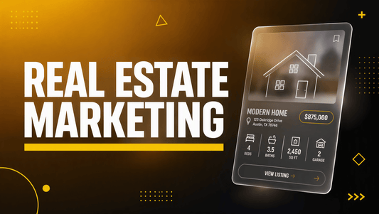 Real estate marketing AI prompts hero graphic with bold REAL ESTATE MARKETING title, yellow accent underline and a glassmorphism listing card on a golden amber to charcoal gradient