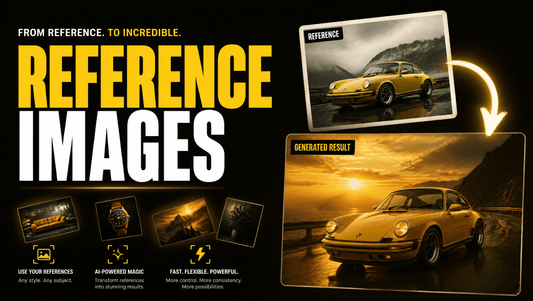 Dark poster hero reading REFERENCE IMAGES with yellow accent and floating reference photo cards