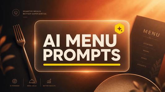 AI menu design prompts blog hero with glassmorphism card, yellow accent and bold title on a warm amber gradient