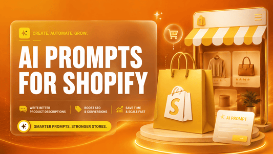 Orange to amber gradient hero reading AI PROMPTS FOR SHOPIFY with yellow accent