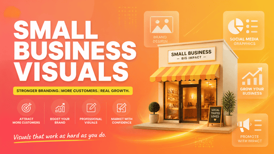Coral to orange gradient hero reading SMALL BUSINESS VISUALS with yellow accent