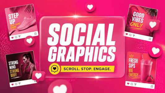Magenta to pink gradient hero with a glass card reading SOCIAL GRAPHICS and yellow accent