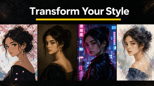 AI art style transformation prompts blog hero showing four portrait styles: anime, oil painting, cyberpunk, watercolor