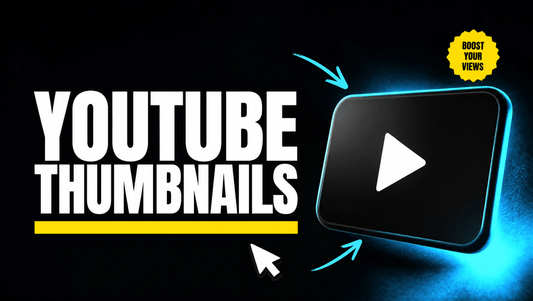 YouTube thumbnail AI prompts hero graphic with bold YOUTUBE THUMBNAILS title, yellow accent underline and a glowing video player frame on a near-black poster background