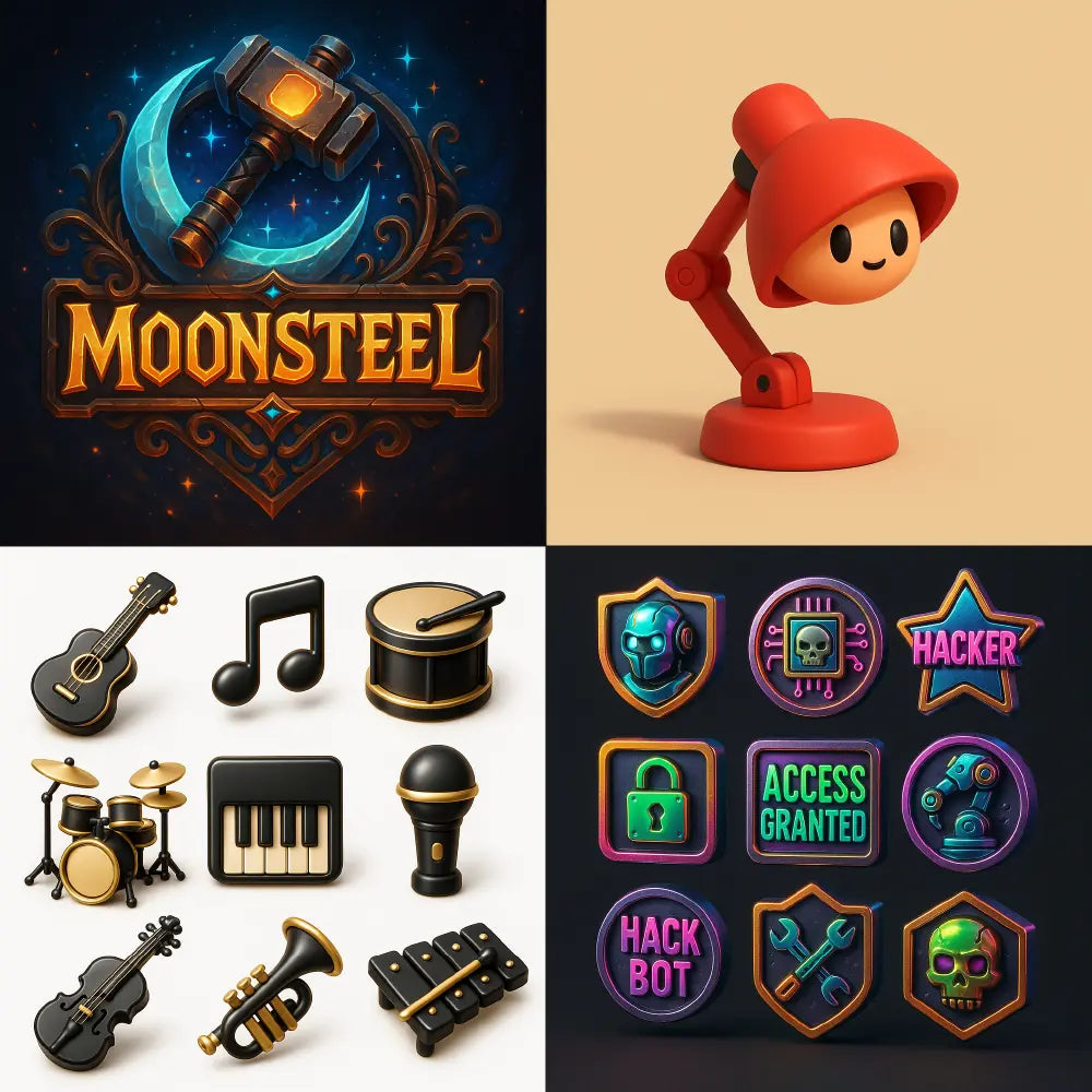 3D-style icons and fantasy game UI elements including a ‘Moonsteel’ game logo, stylized musical instruments, a red lamp character, and futuristic hacker badges—ideal for game design prompts.