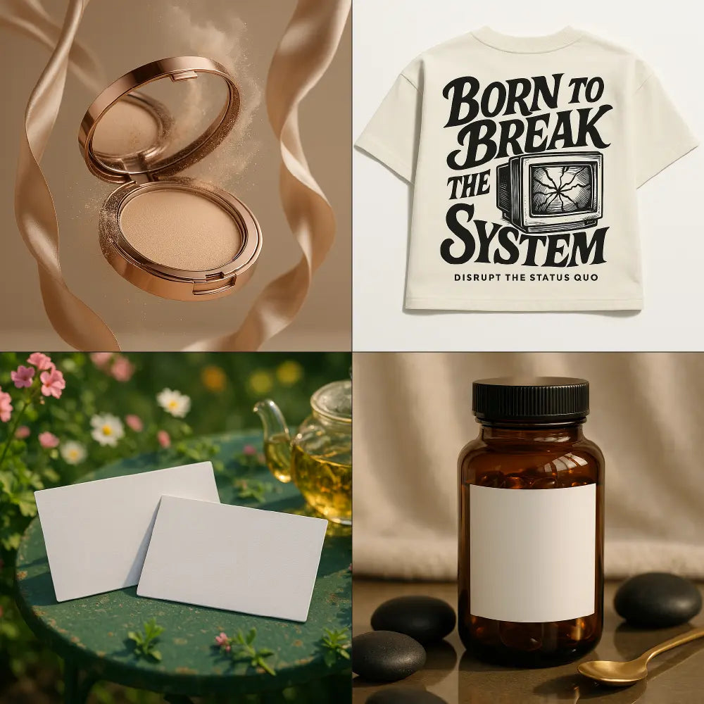 Elegant mockup templates including cosmetic containers, activist apparel, tea scenes, and blank label packaging—ideal for showcasing product designs and packaging prompts.