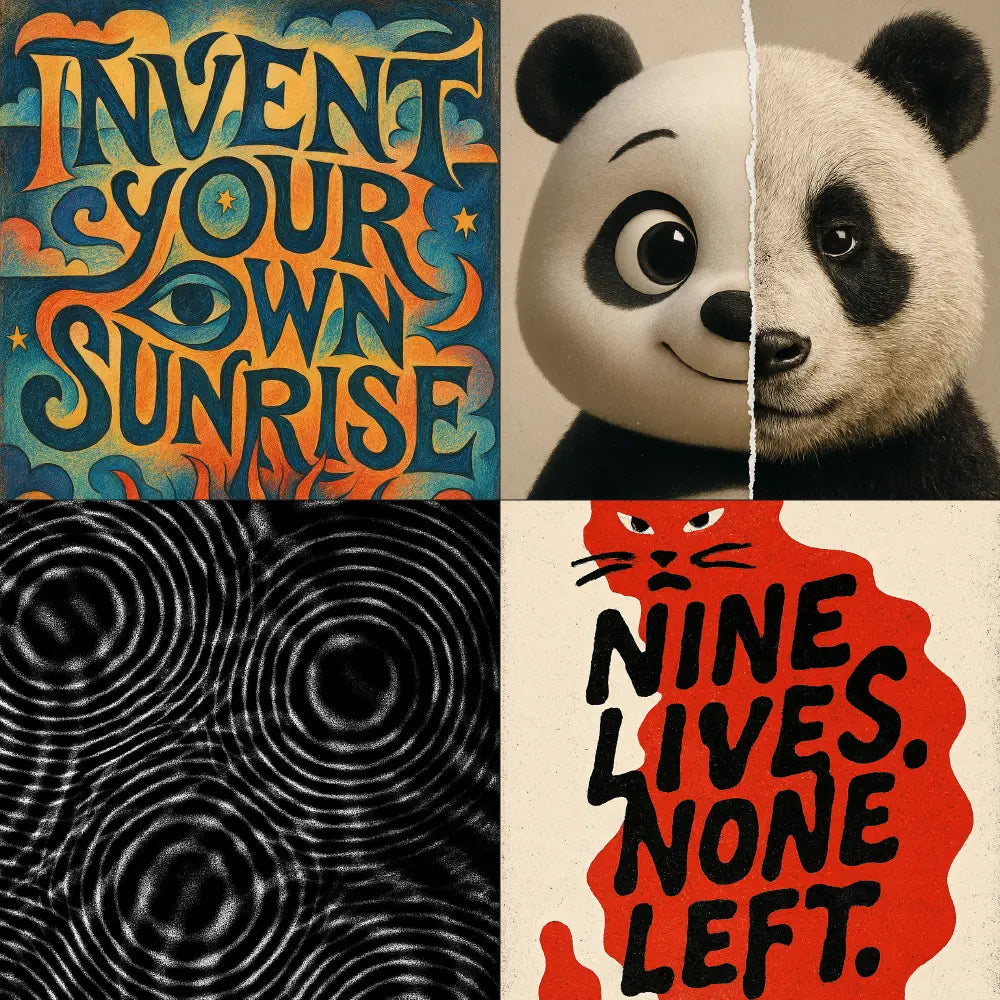Bold typographic posters with inspirational quotes, surreal character concepts, optical illusions, and graphic storytelling elements—designed for print-ready quote and visual prompt use.