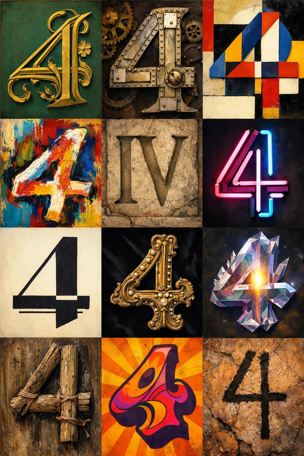 Example output from the 12 Experimental Stylized Letters ChatGPT prompt: a grid of the numeral '4' rendered twelve radically different ways — geometric, engraved, neon, stone, crystal and more — in one seamless layout.