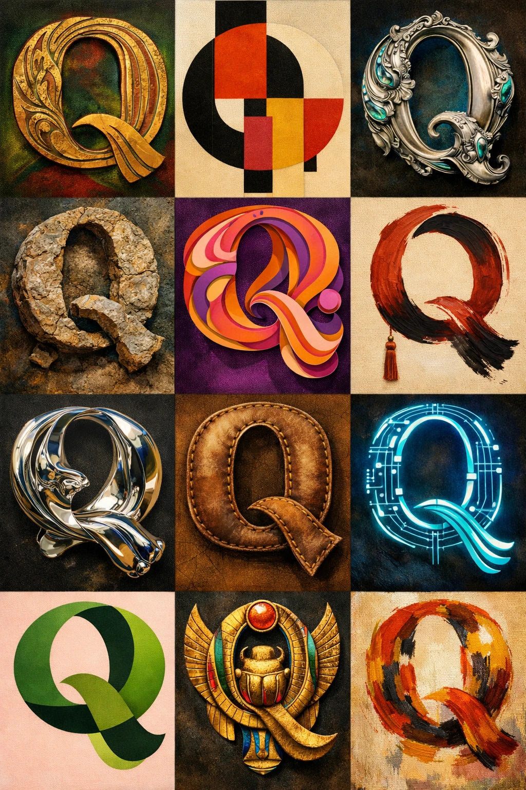 Example output from the 12 Experimental Stylized Letters ChatGPT prompt: a grid of the letter 'Q' rendered twelve radically different ways — carved gold, Bauhaus geometric, ornate silver, cracked stone, chrome, leather, neon circuitry, scarab and brushstroke — in one seamless layout.