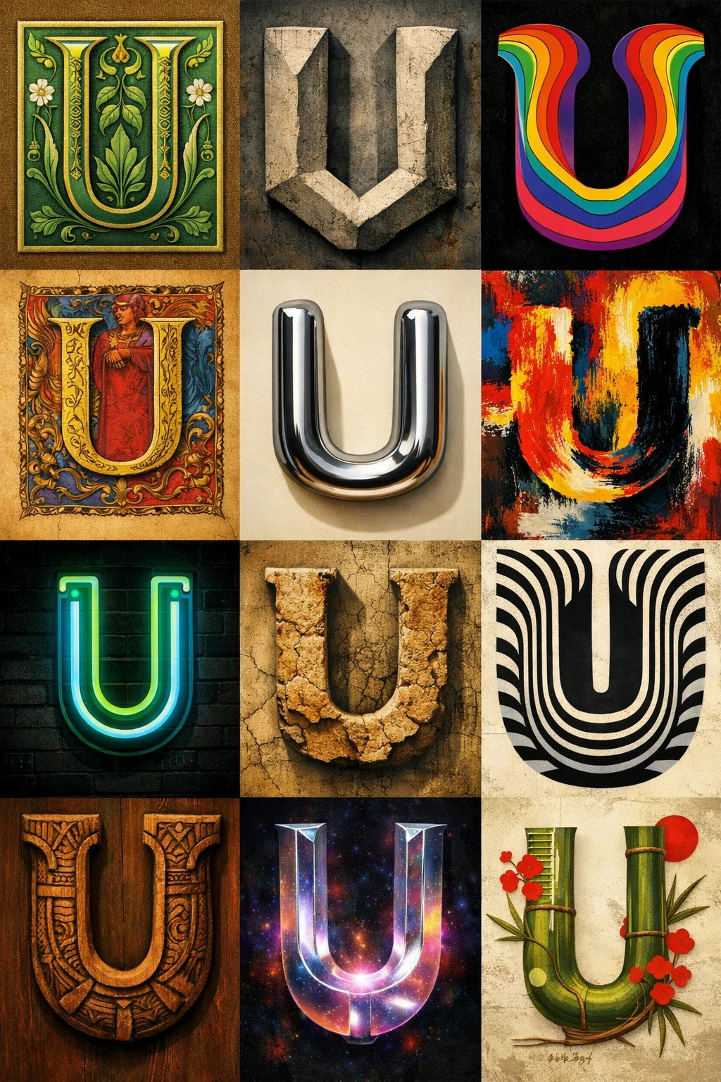 Example output from the 12 Experimental Stylized Letters ChatGPT prompt: a grid of the letter 'U' rendered twelve radically different ways across contrasting styles, materials and palettes in one seamless layout.