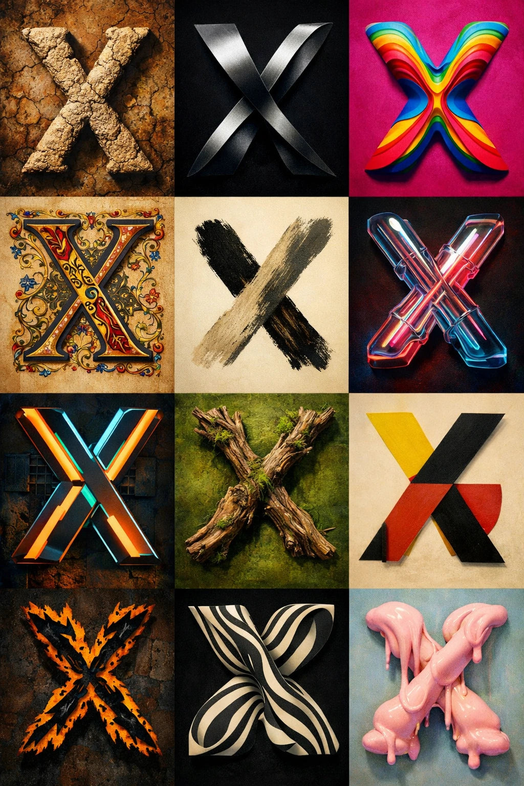 Example output from the 12 Experimental Stylized Letters ChatGPT prompt: a grid of the letter 'X' rendered twelve radically different ways — chrome, brushstroke, woodgrain, neon, zebra, bone and more — in one seamless layout.
