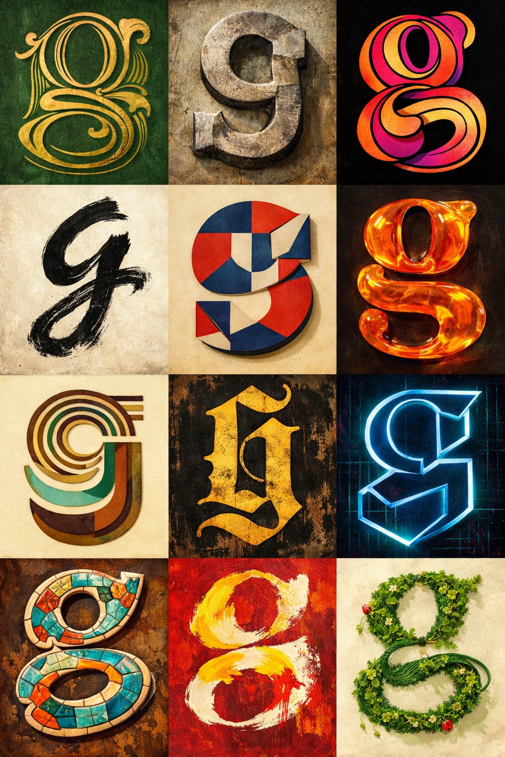 Example output from the 12 Experimental Stylized Letters ChatGPT prompt: a grid of the lowercase letter 'g' rendered twelve radically different ways — gilded, weathered metal, brushstroke, molten glass, blackletter, mosaic and leafy vine — in one seamless layout.