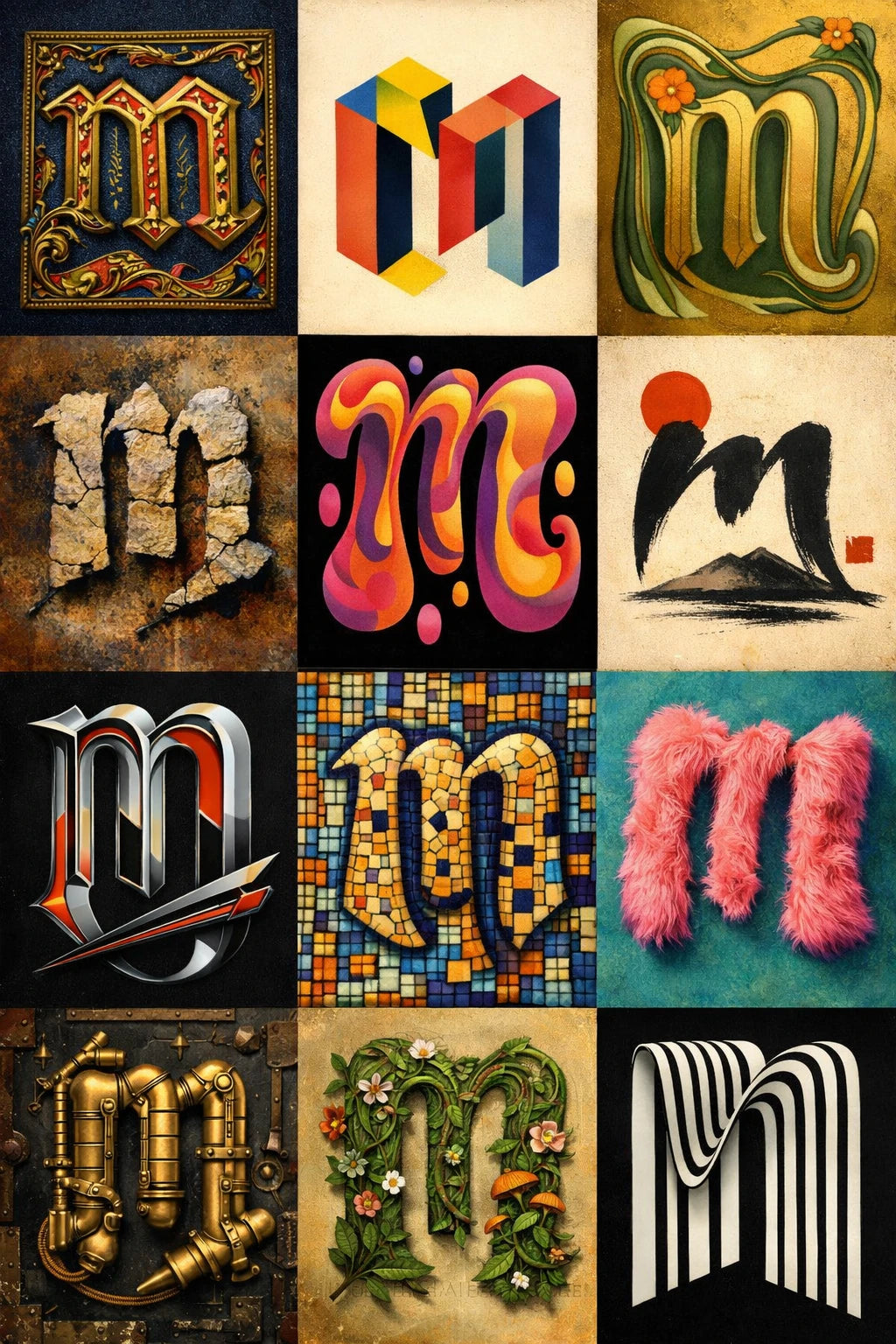 Example output from the 12 Experimental Stylized Letters ChatGPT prompt: a grid of the lowercase letter 'm' rendered twelve radically different ways across contrasting styles, materials and palettes in one seamless layout.