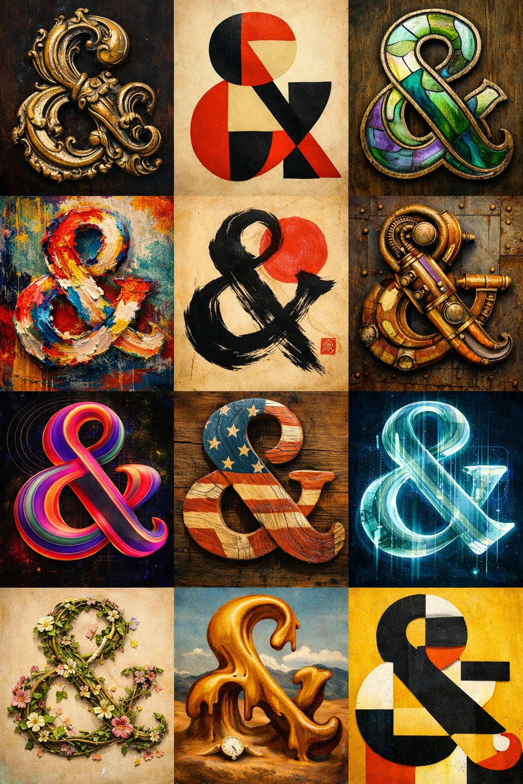 Example output from the 12 Experimental Stylized Letters ChatGPT prompt: a large montage of single letters, numbers and symbols, each rendered twelve radically different ways — carved gold, stone, chrome, neon, stained glass, mosaic, blackletter, brushstroke, floral and more — on varied backgrounds.