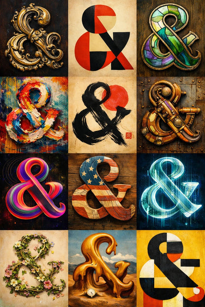 Example output from the 12 Experimental Stylized Letters ChatGPT prompt: a large montage of single letters, numbers and symbols, each rendered twelve radically different ways — carved gold, stone, chrome, neon, stained glass, mosaic, blackletter, brushstroke, floral and more — on varied backgrounds.
