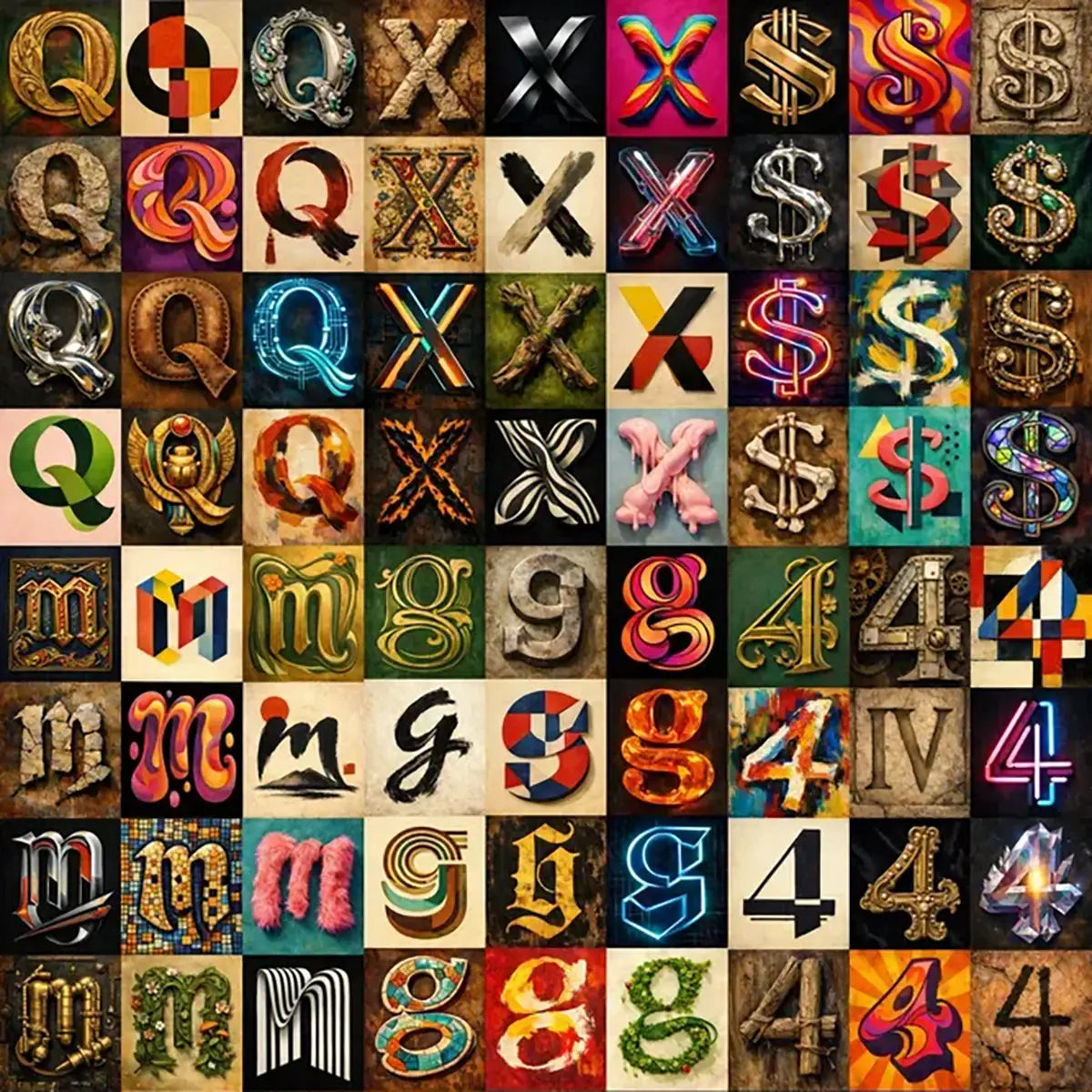 Example output from the 12 Experimental Stylized Letters ChatGPT prompt: a grid of a single stylized symbol character rendered twelve radically different ways — metallic, neon, stone, mosaic, brushstroke and more — on varied backgrounds.