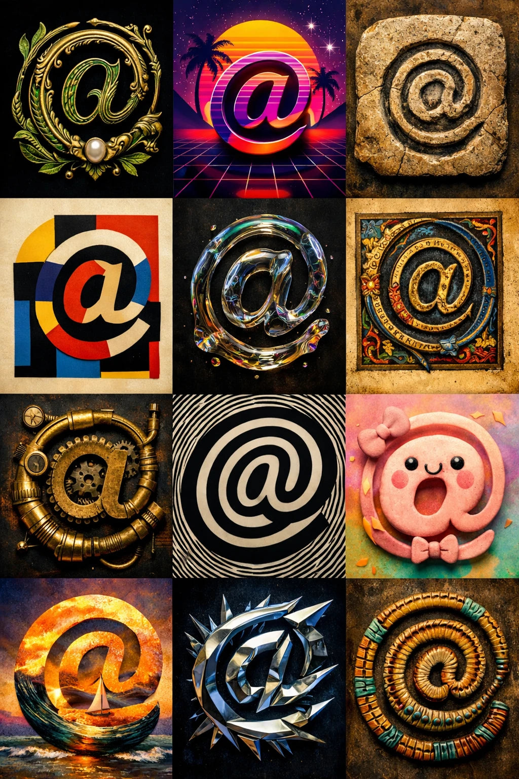 Example output from the 12 Experimental Stylized Letters ChatGPT prompt: a grid of a single stylized symbol character rendered twelve radically different ways across contrasting styles, materials and palettes on varied backgrounds.