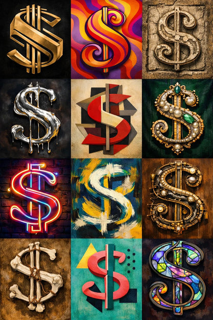 Example output from the 12 Experimental Stylized Letters ChatGPT prompt: a grid of a single stylized symbol character rendered twelve radically different ways — gilded, glass, low-poly, fire, steampunk and more — on varied backgrounds.