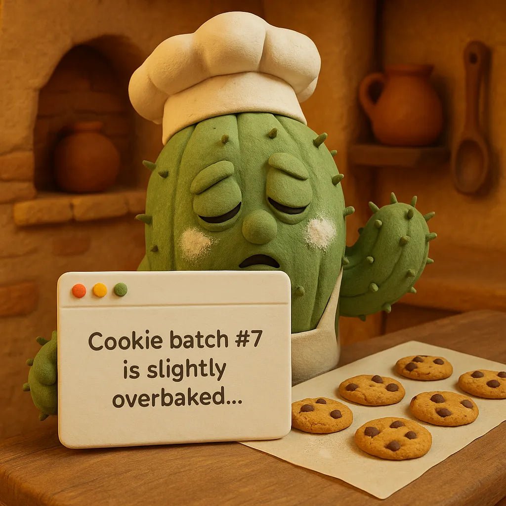 Example output from the 3D Claymation Portrait Popup Cards ChatGPT prompt: whimsical clay characters in pop-up card scenes, featuring photorealistic textures, cinematic lighting, and handcrafted stop-motion detail. Cookie Bath Overbaked.