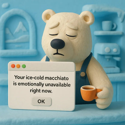 Example output from the 3D Claymation Portrait Popup Cards ChatGPT prompt: whimsical clay characters in pop-up card scenes, featuring photorealistic textures, cinematic lighting, and handcrafted stop-motion detail. Ice-Cold Macchiato.