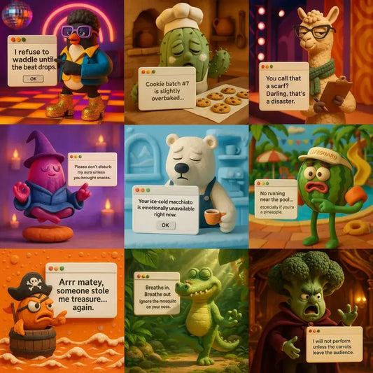 Example output from the 3D Claymation Portrait Popup Cards ChatGPT prompt: whimsical clay characters in pop-up card scenes, featuring photorealistic textures, cinematic lighting, and handcrafted stop-motion detail.