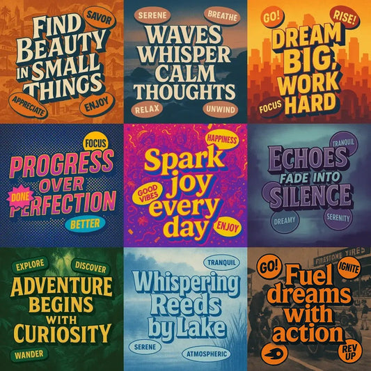 Example output from the 3D Extruded Quote Posters ChatGPT prompt: bold inspirational quotes rendered in chunky 3D text with halftone backdrops, colorful overlays, and playful badge words like “Go!” and “Enjoy” in dynamic square poster layouts.