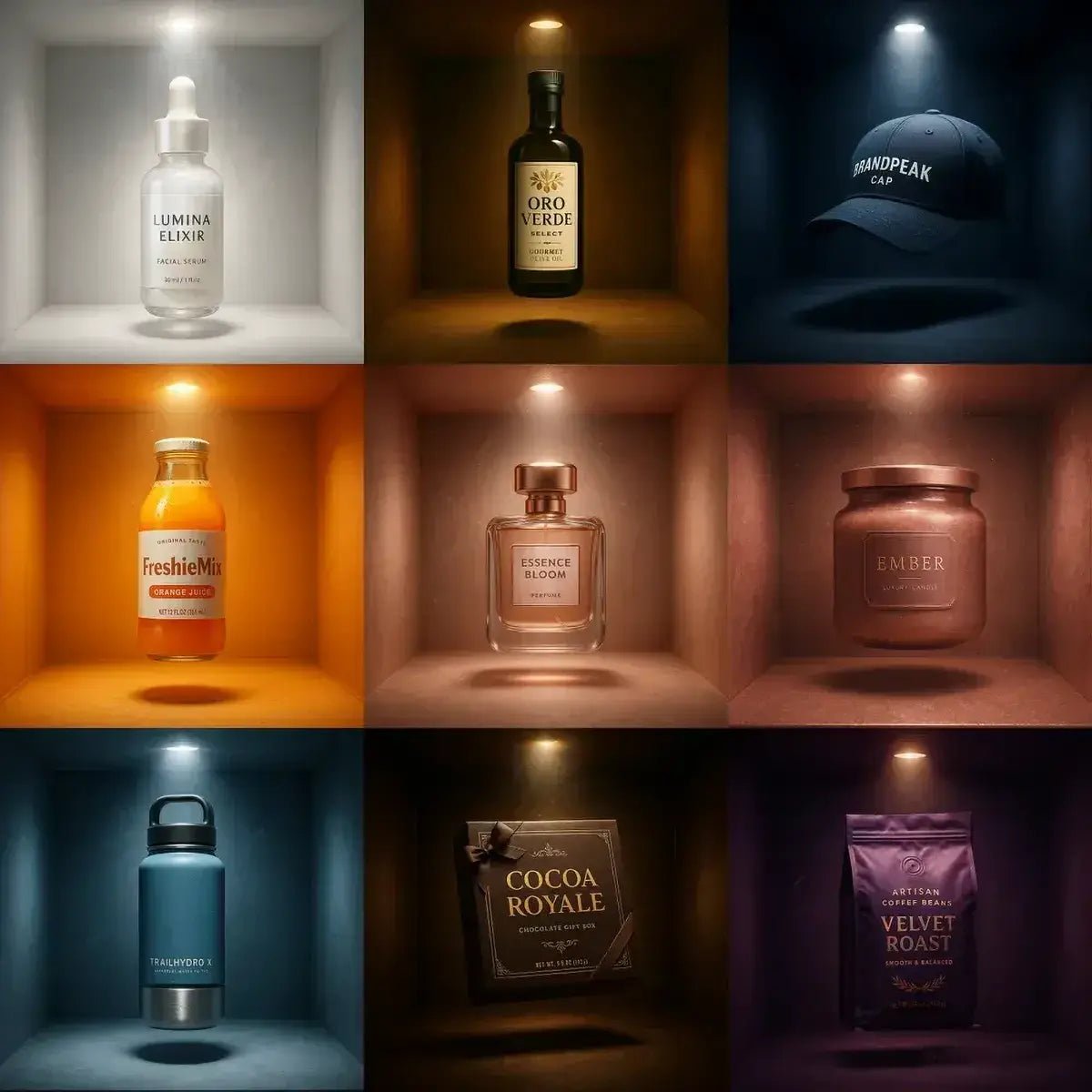 Example output from the 3D Floating Product Box Mockups ChatGPT prompt: premium boxed products floating in centered display, featuring cinematic lighting, bold shadows, rich color themes, and symmetrical 3D layouts.