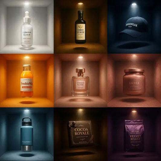 Example output from the 3D Floating Product Box Mockups ChatGPT prompt: premium boxed products floating in centered display, featuring cinematic lighting, bold shadows, rich color themes, and symmetrical 3D layouts.