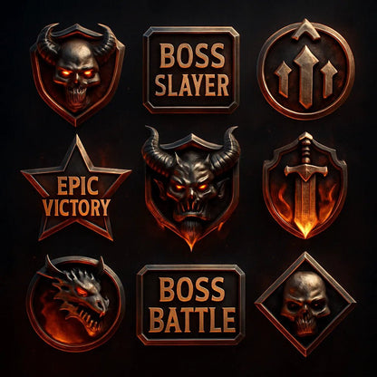 Example output from the 3D Game Badges With Mood Color Sets ChatGPT prompt: themed achievement badges in metallic finishes. Boss Battle.