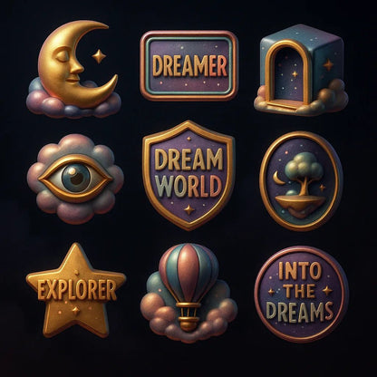 Example output from the 3D Game Badges With Mood Color Sets ChatGPT prompt: themed achievement badges in metallic finishes. Dream World.