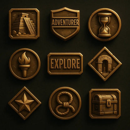 Example output from the 3D Game Badges With Mood Color Sets ChatGPT prompt: themed achievement badges in metallic finishes. Explorer.