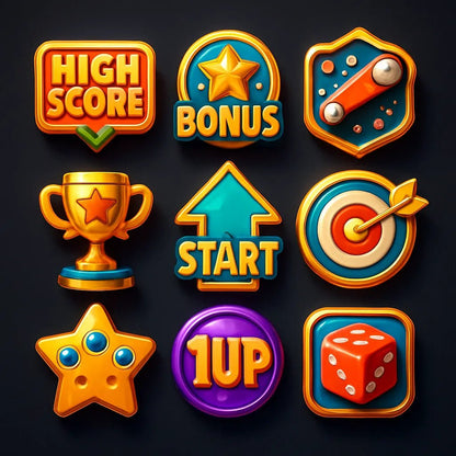 Example output from the 3D Game Badges With Mood Color Sets ChatGPT prompt: themed achievement badges in metallic finishes. Game.