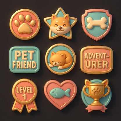 Example output from the 3D Game Badges With Mood Color Sets ChatGPT prompt: themed achievement badges in metallic finishes. Pet Friend.