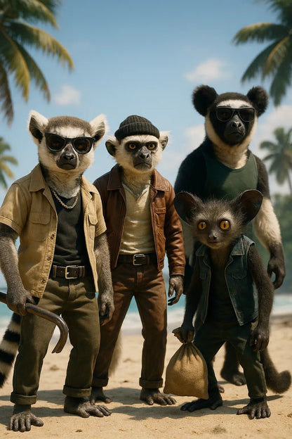 Example output from the 3D Mixed Animal Species Gang Portraits ChatGPT prompt: Funky Island Heist.