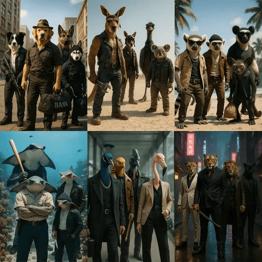 Example output from the 3D Mixed Animal Species Gang Portraits ChatGPT prompt: photorealistic renderings of diverse animal characters dressed in coordinated gang outfits, posed in stylized urban, desert, underwater, and corporate environments with dramatic lighting and attitude.