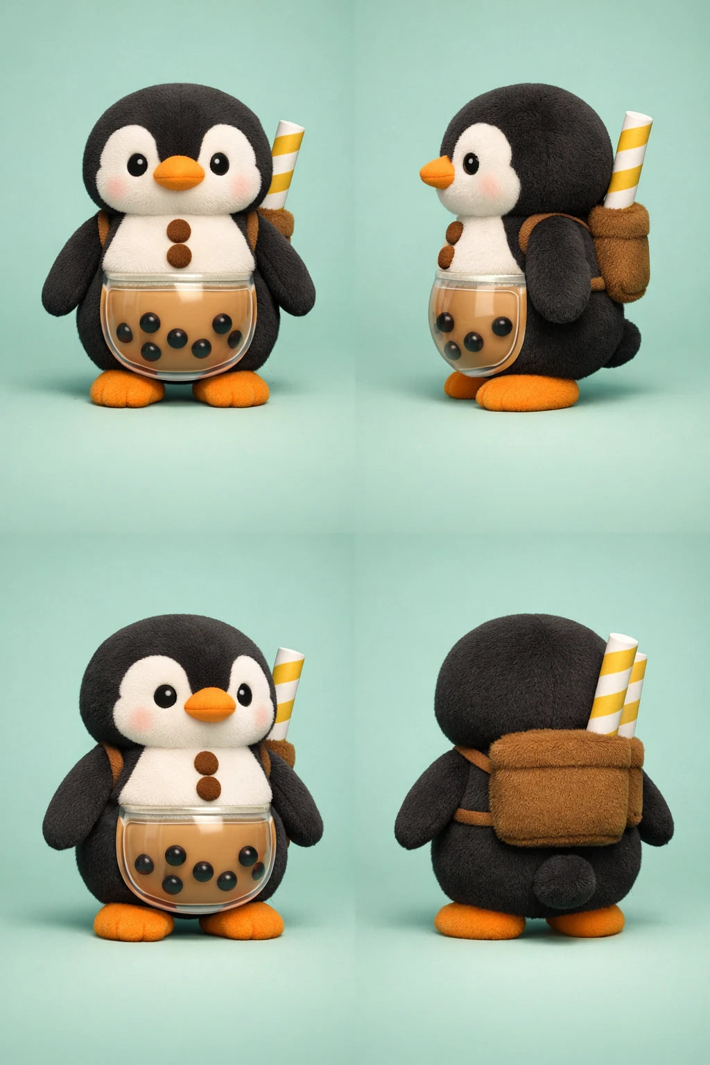 Example output from the 3D Plush Toy Turnaround Renders ChatGPT prompt: fuzzy black-and-white penguin plush with a bubble-tea belly and paper straw, four-view turnaround on a mint background.