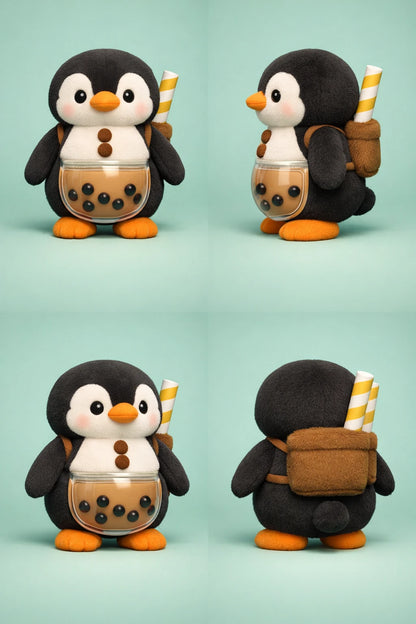 Example output from the 3D Plush Toy Turnaround Renders ChatGPT prompt: fuzzy black-and-white penguin plush with a bubble-tea belly and paper straw, four-view turnaround on a mint background.