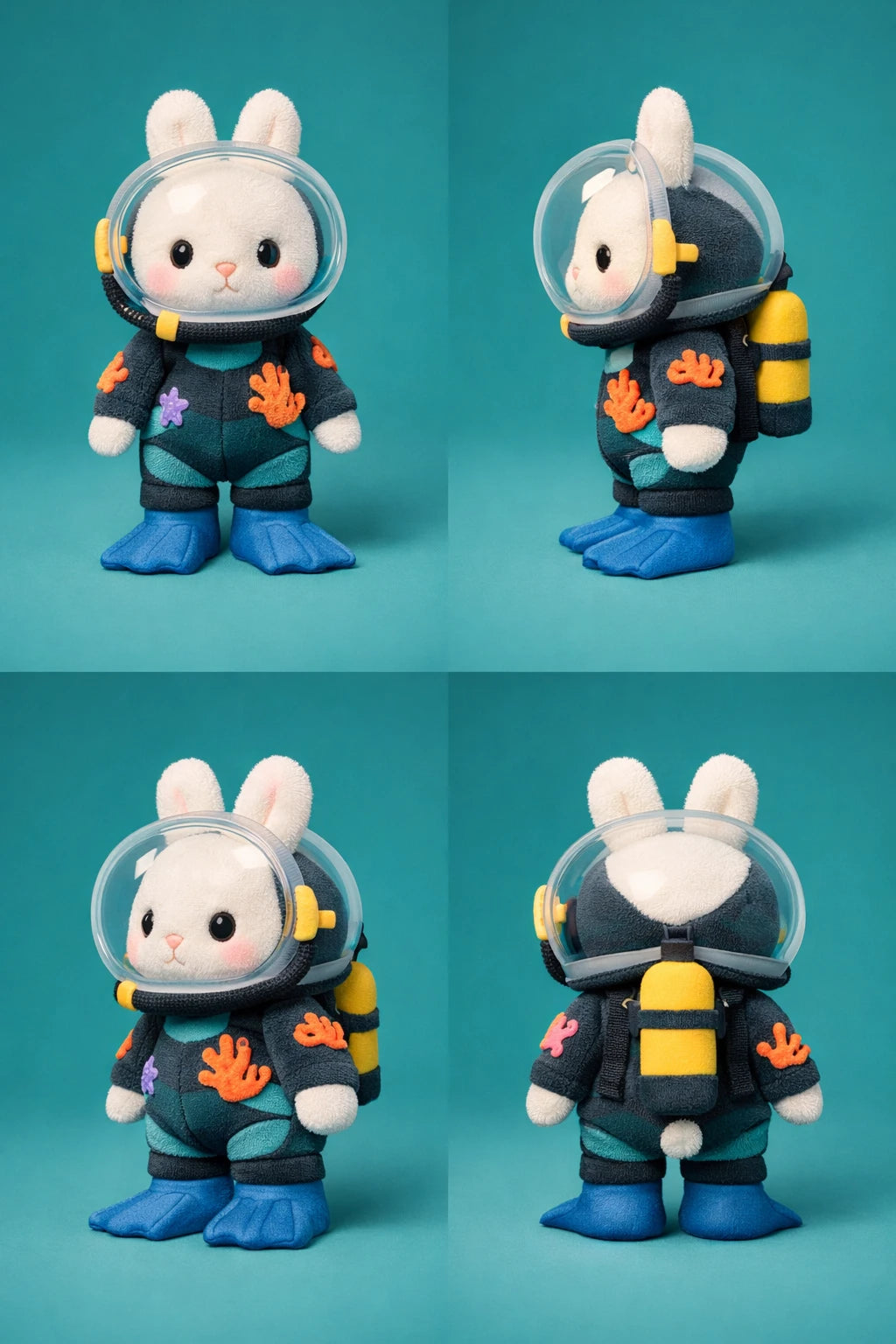 Example output from the 3D Plush Toy Turnaround Renders ChatGPT prompt: white bunny plush in a scuba diving suit with helmet, oxygen tank and blue flippers, four-view turnaround on a teal background.