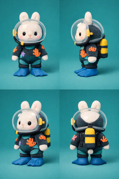 Example output from the 3D Plush Toy Turnaround Renders ChatGPT prompt: white bunny plush in a scuba diving suit with helmet, oxygen tank and blue flippers, four-view turnaround on a teal background.