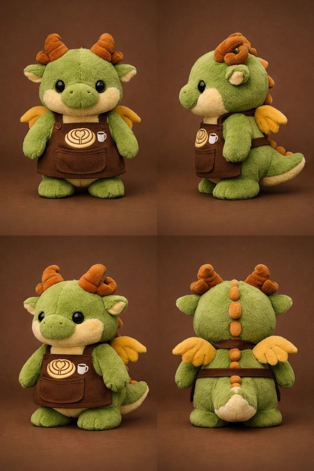 Example output from the 3D Plush Toy Turnaround Renders ChatGPT prompt: green baby dragon plush in a brown barista apron with a latte-art motif, four-view turnaround on a warm brown background.