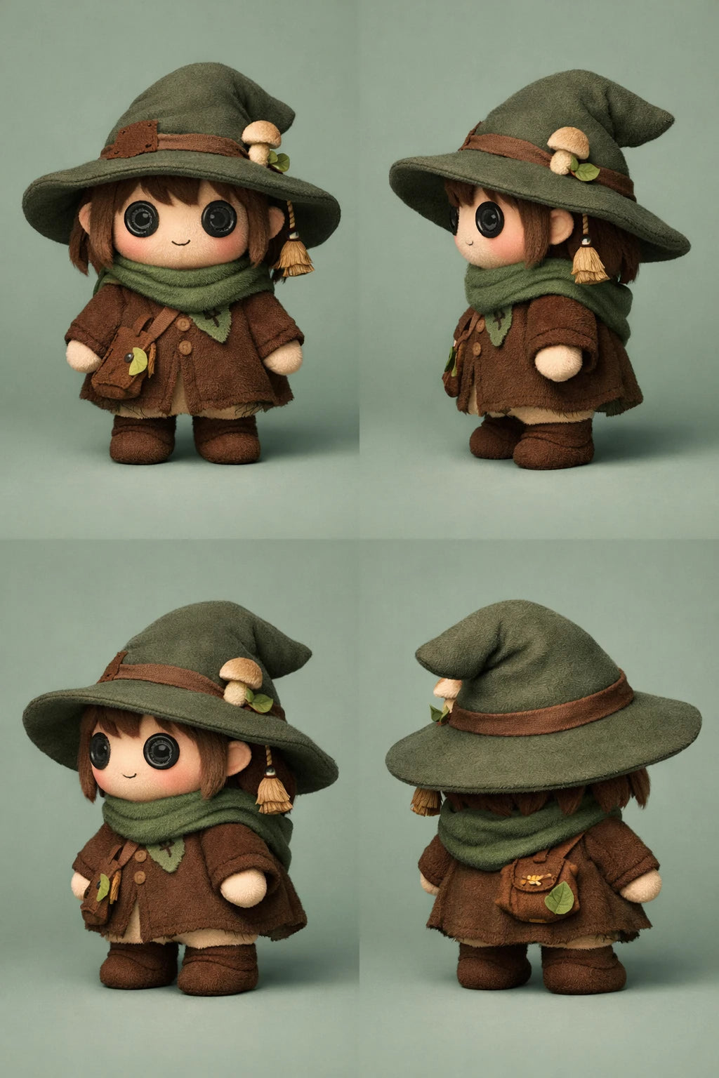 Example output from the 3D Plush Toy Turnaround Renders ChatGPT prompt: little forest witch plush in a green pointed hat and brown coat with a mushroom and satchel, four-view turnaround on a sage background.