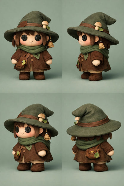 Example output from the 3D Plush Toy Turnaround Renders ChatGPT prompt: little forest witch plush in a green pointed hat and brown coat with a mushroom and satchel, four-view turnaround on a sage background.