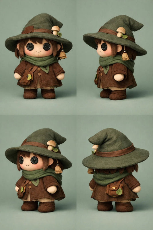 Example output from the 3D Plush Toy Turnaround Renders ChatGPT prompt: little forest witch plush in a green pointed hat and brown coat with a mushroom and satchel, four-view turnaround on a sage background.
