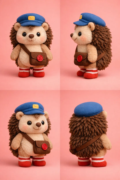 Example output from the 3D Plush Toy Turnaround Renders ChatGPT prompt: fluffy hedgehog plush dressed as a mail carrier with a blue cap, messenger bag and striped socks, four-view turnaround on a pink background.